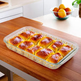Kuber Industries 2200ml Borosilicate Printed Glass Baking Tray | Transparent Microwave Oven Safe Utensils | Rectangular Bread Moulds for Baking | Dishwasher & Freezer Safe | Multipurpose Serving Tray